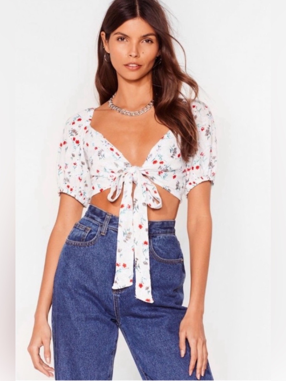 NWT Nasty Gal Bow Tie Front White Floral Cotton Crop Top - Large